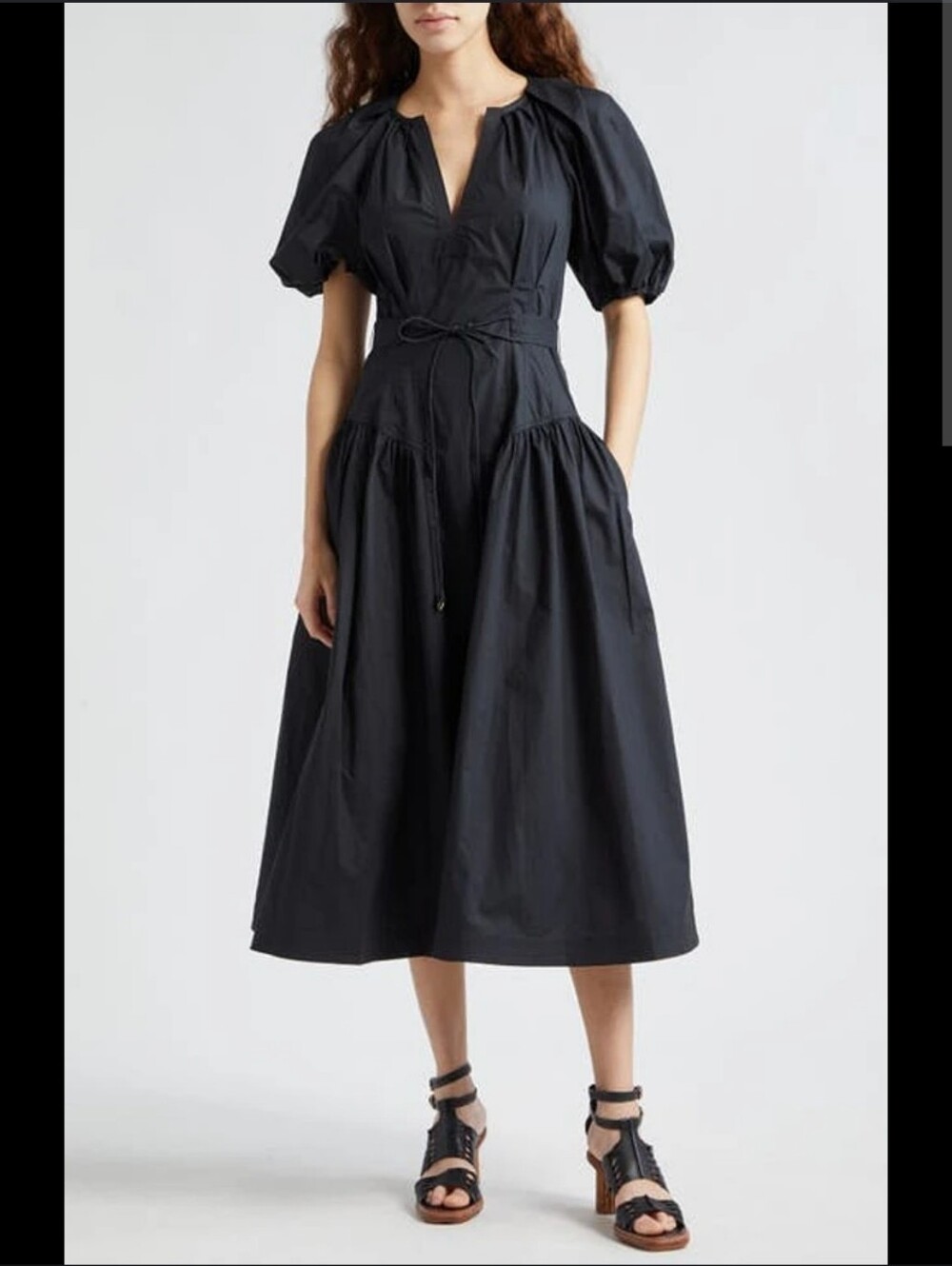 Ulla Johnson Carina Black Puff Sleeve Poplin Cotton Belted Midi Sundress Size 4